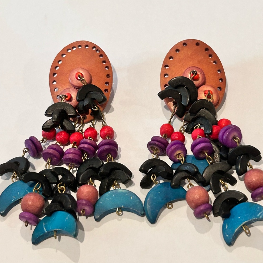 Vintage, Handcrafted 80s 90s Colorful Beaded Dangle Earrings.
New